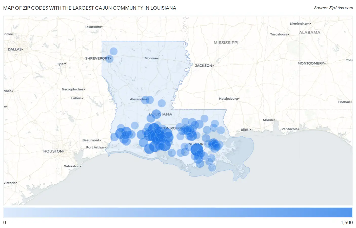 Zip Codes with the Largest Cajun Community in Louisiana Map
