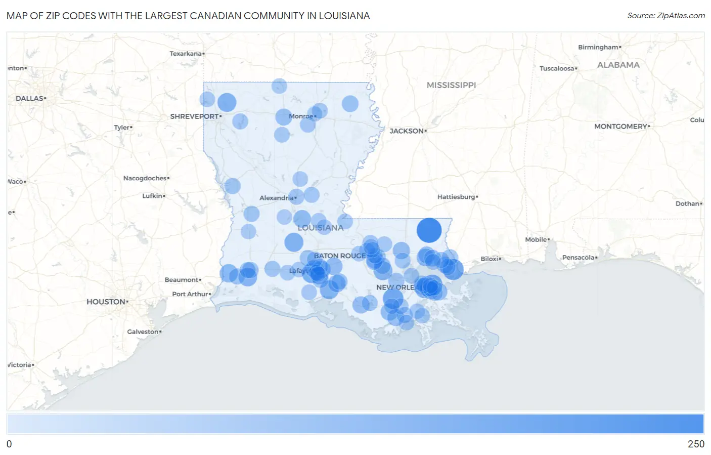 Zip Codes with the Largest Canadian Community in Louisiana Map
