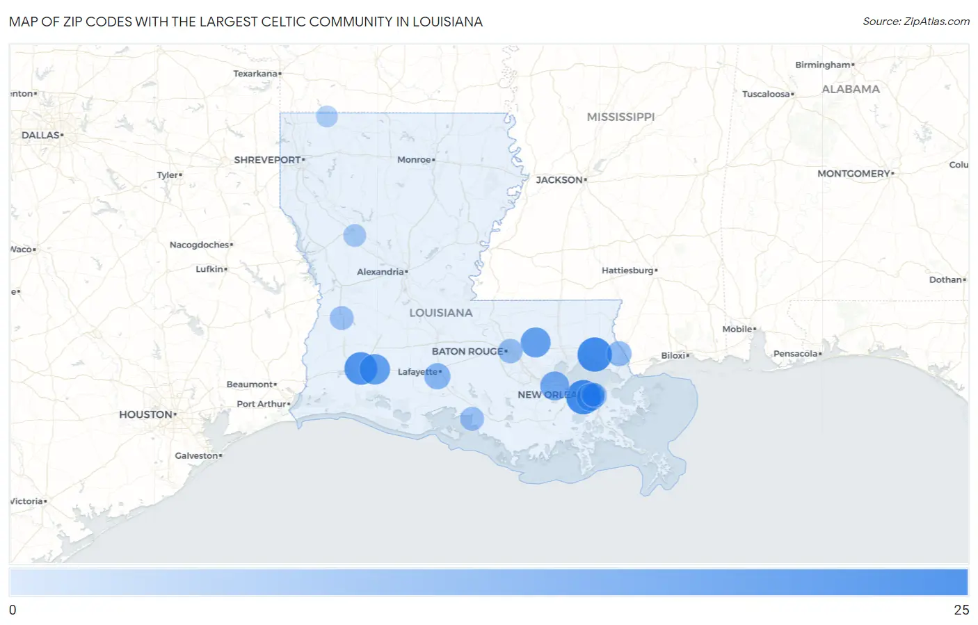 Zip Codes with the Largest Celtic Community in Louisiana Map