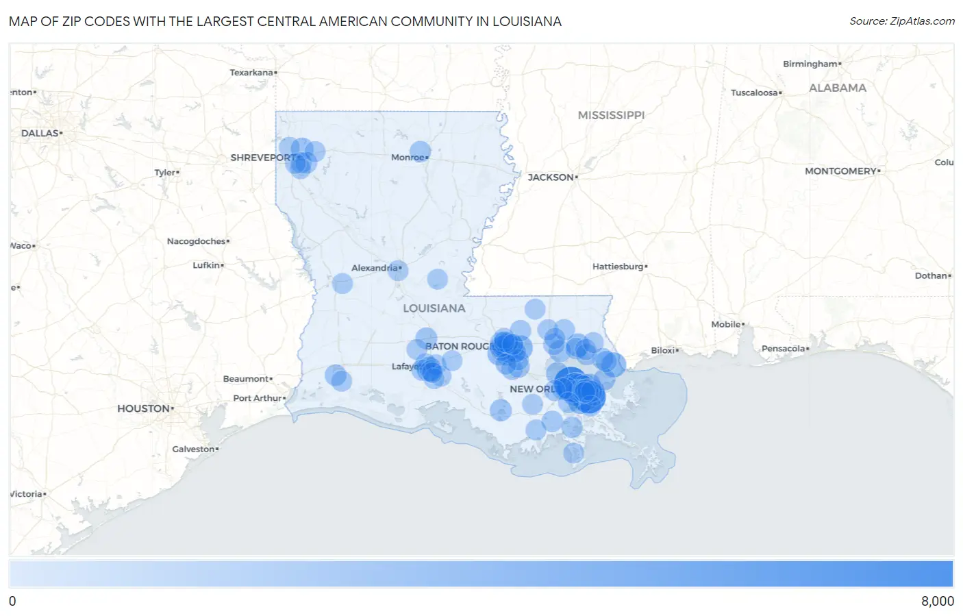 Zip Codes with the Largest Central American Community in Louisiana Map