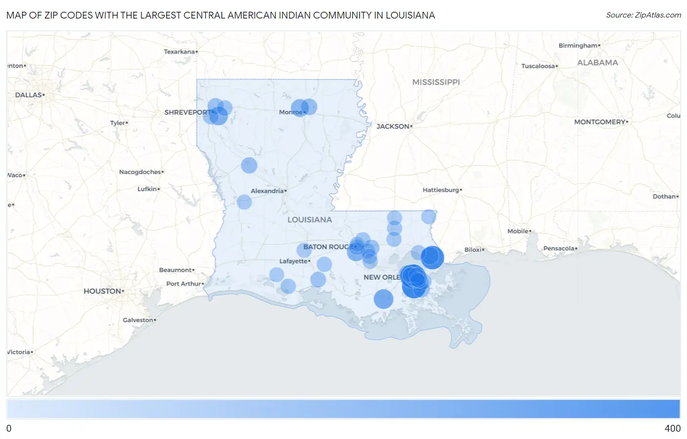 Zip Codes with the Largest Central American Indian Community in Louisiana Map