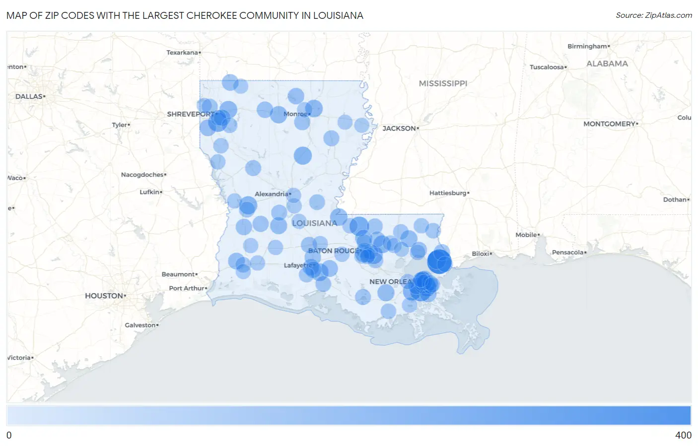 Zip Codes with the Largest Cherokee Community in Louisiana Map