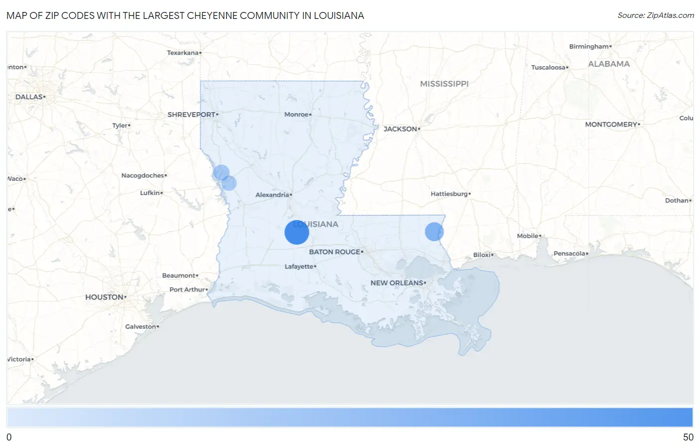 Zip Codes with the Largest Cheyenne Community in Louisiana Map