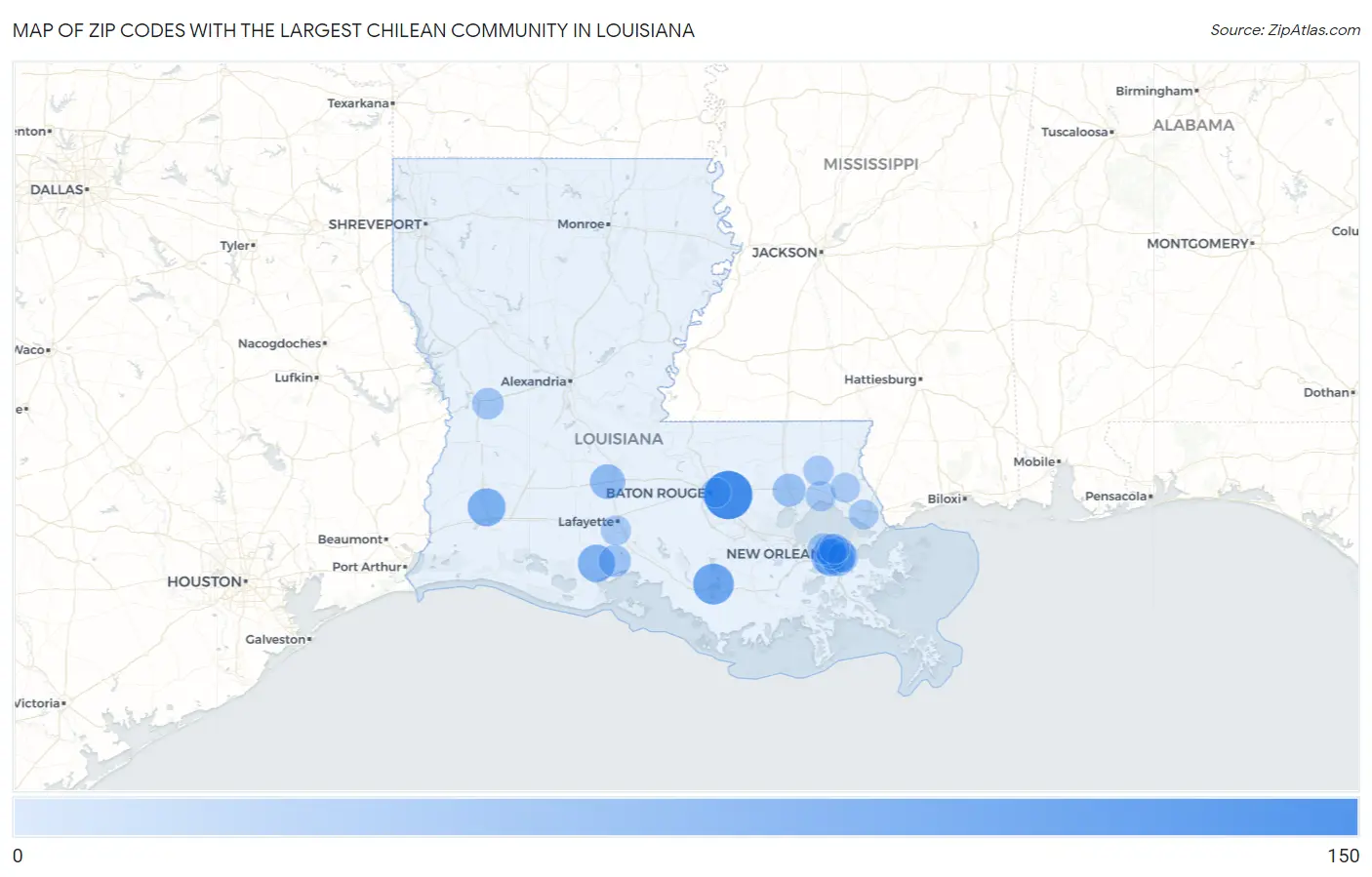 Zip Codes with the Largest Chilean Community in Louisiana Map