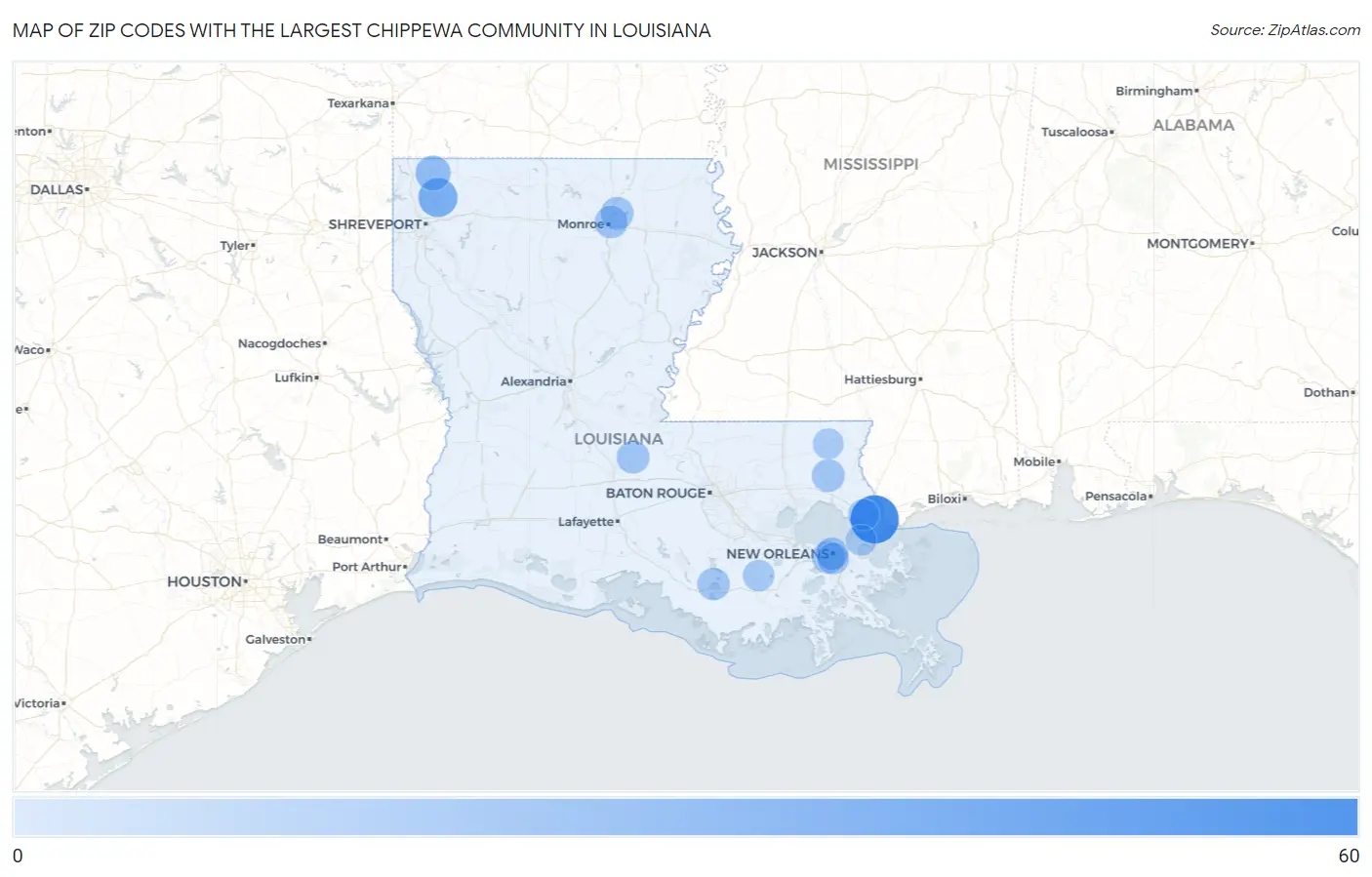 Zip Codes with the Largest Chippewa Community in Louisiana Map