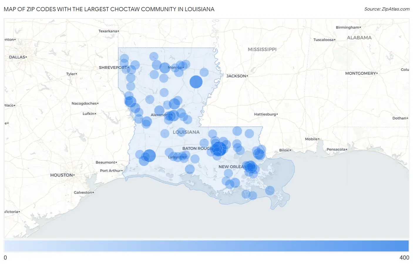 Zip Codes with the Largest Choctaw Community in Louisiana Map