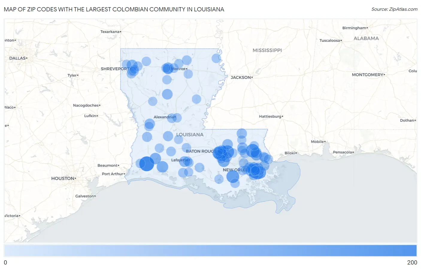 Zip Codes with the Largest Colombian Community in Louisiana Map