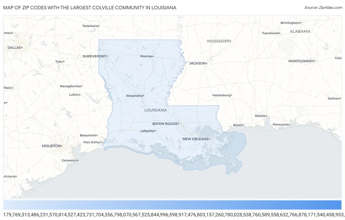 Zip Codes with the Largest Colville Community in Louisiana Map