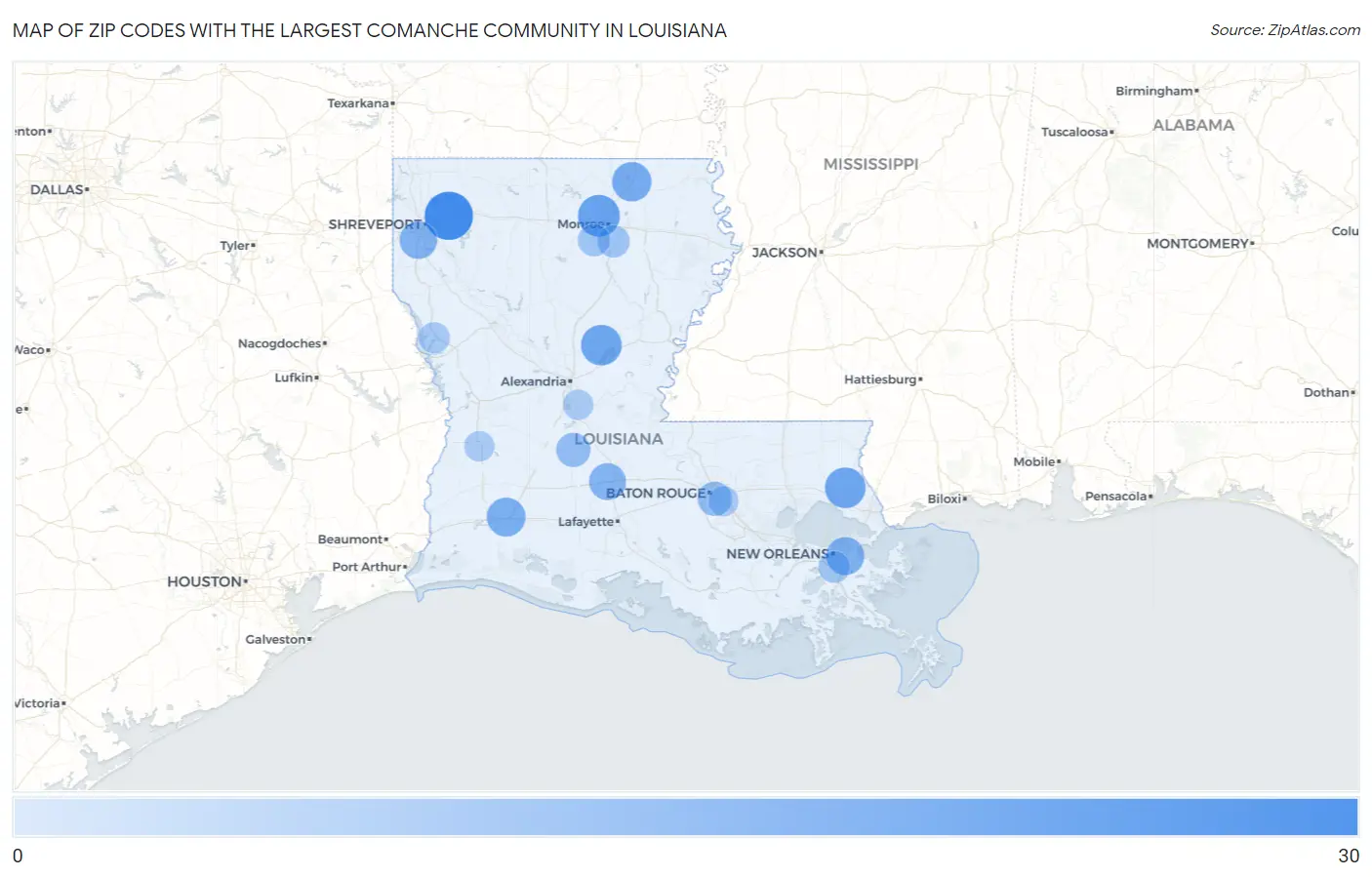 Zip Codes with the Largest Comanche Community in Louisiana Map
