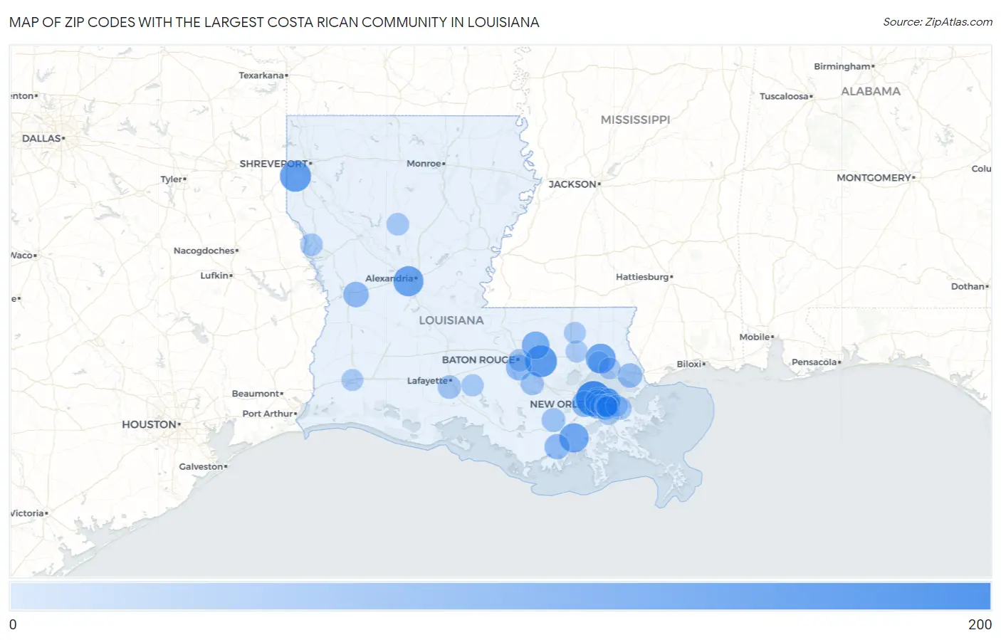 Zip Codes with the Largest Costa Rican Community in Louisiana Map