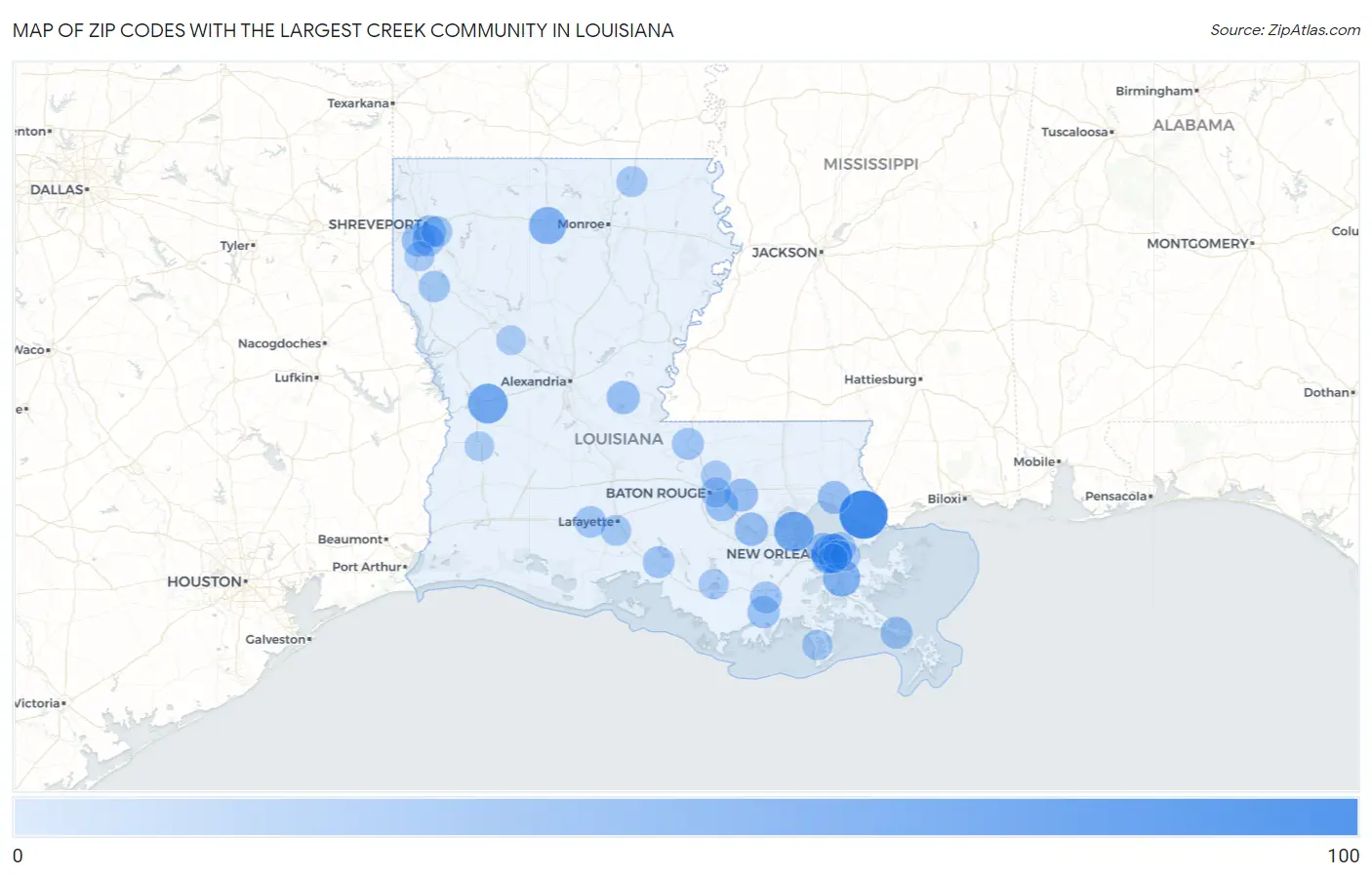 Zip Codes with the Largest Creek Community in Louisiana Map