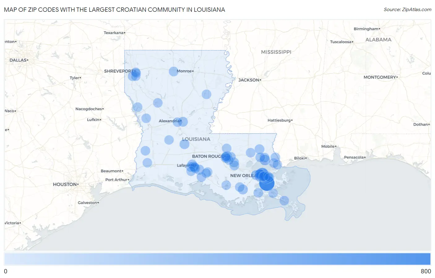 Zip Codes with the Largest Croatian Community in Louisiana Map