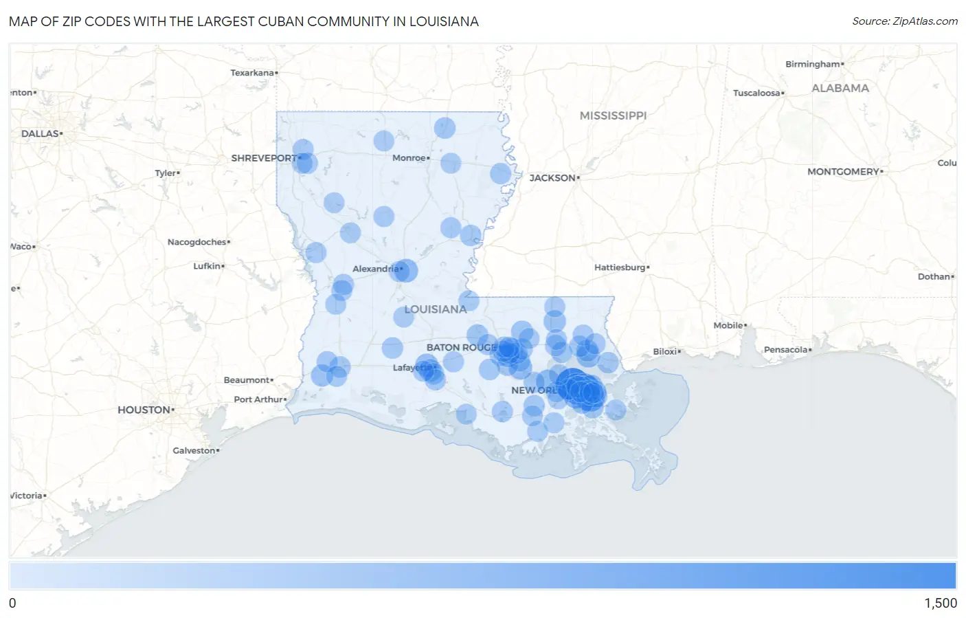 Zip Codes with the Largest Cuban Community in Louisiana Map