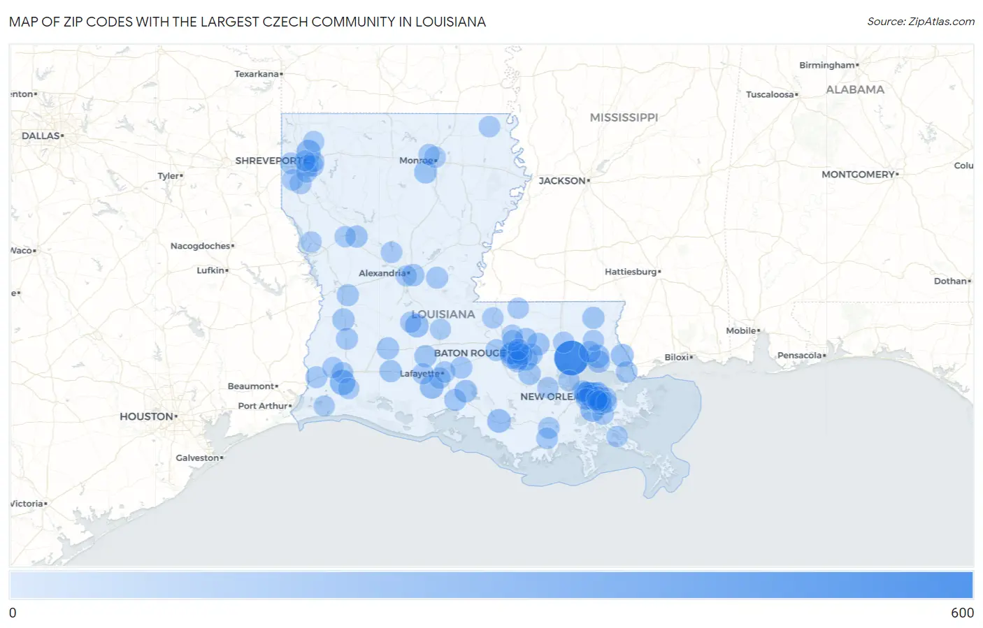 Zip Codes with the Largest Czech Community in Louisiana Map