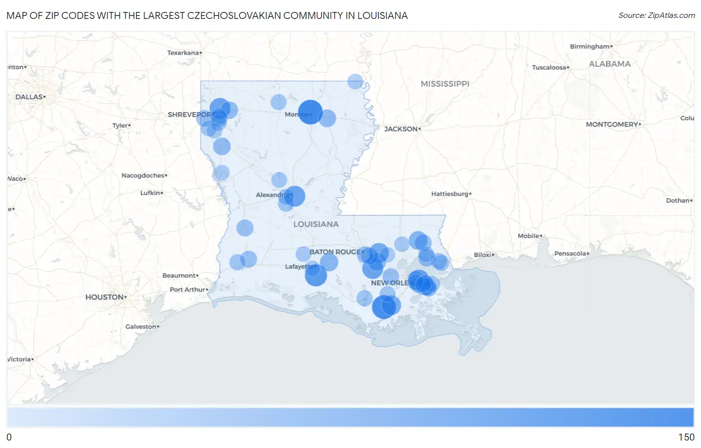 Zip Codes with the Largest Czechoslovakian Community in Louisiana Map