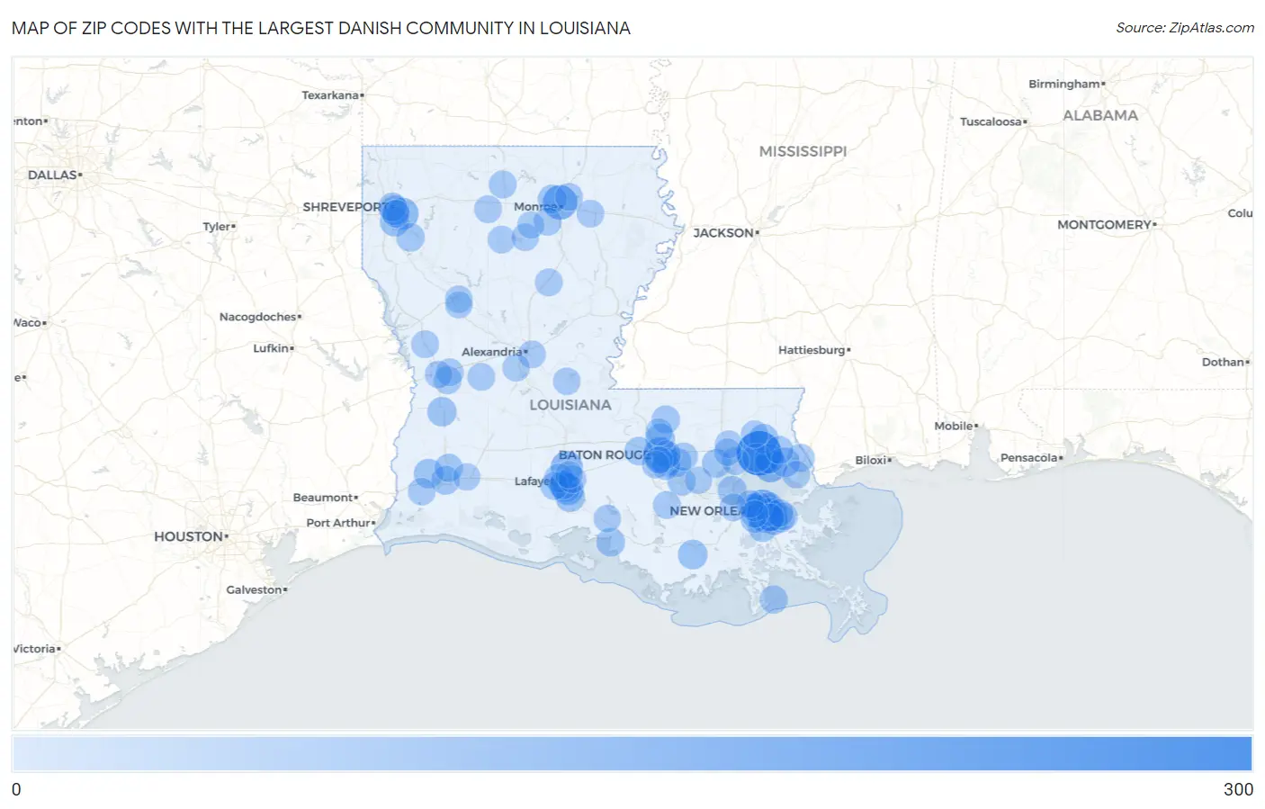 Zip Codes with the Largest Danish Community in Louisiana Map