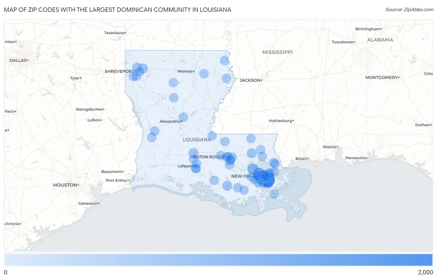Zip Codes with the Largest Dominican Community in Louisiana Map