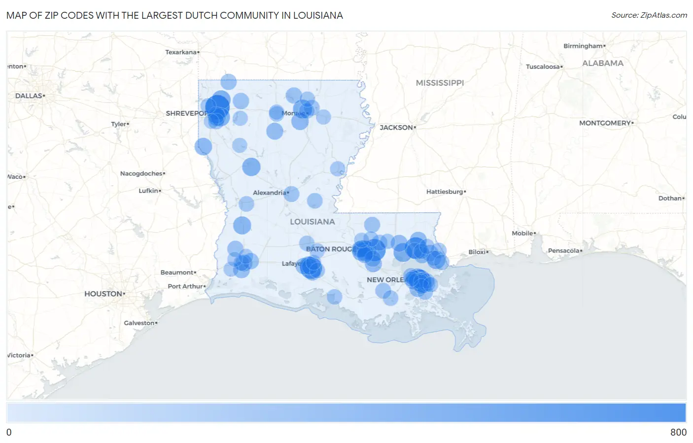 Zip Codes with the Largest Dutch Community in Louisiana Map