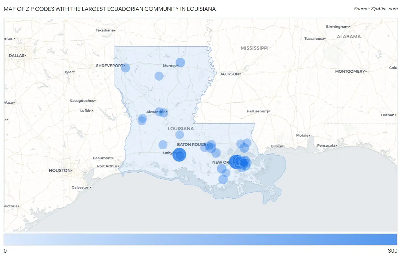 Zip Codes with the Largest Ecuadorian Community in Louisiana Map