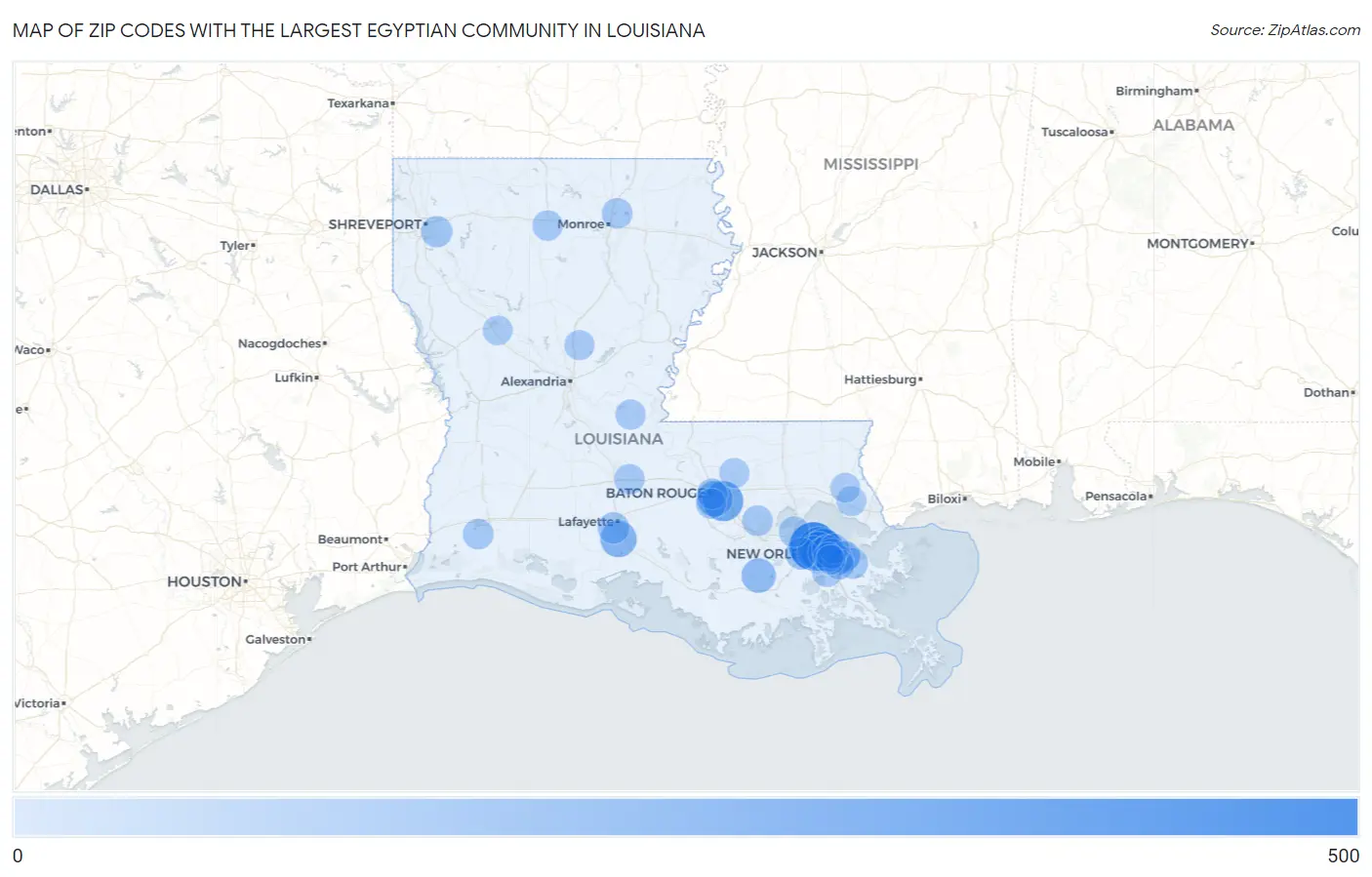 Zip Codes with the Largest Egyptian Community in Louisiana Map