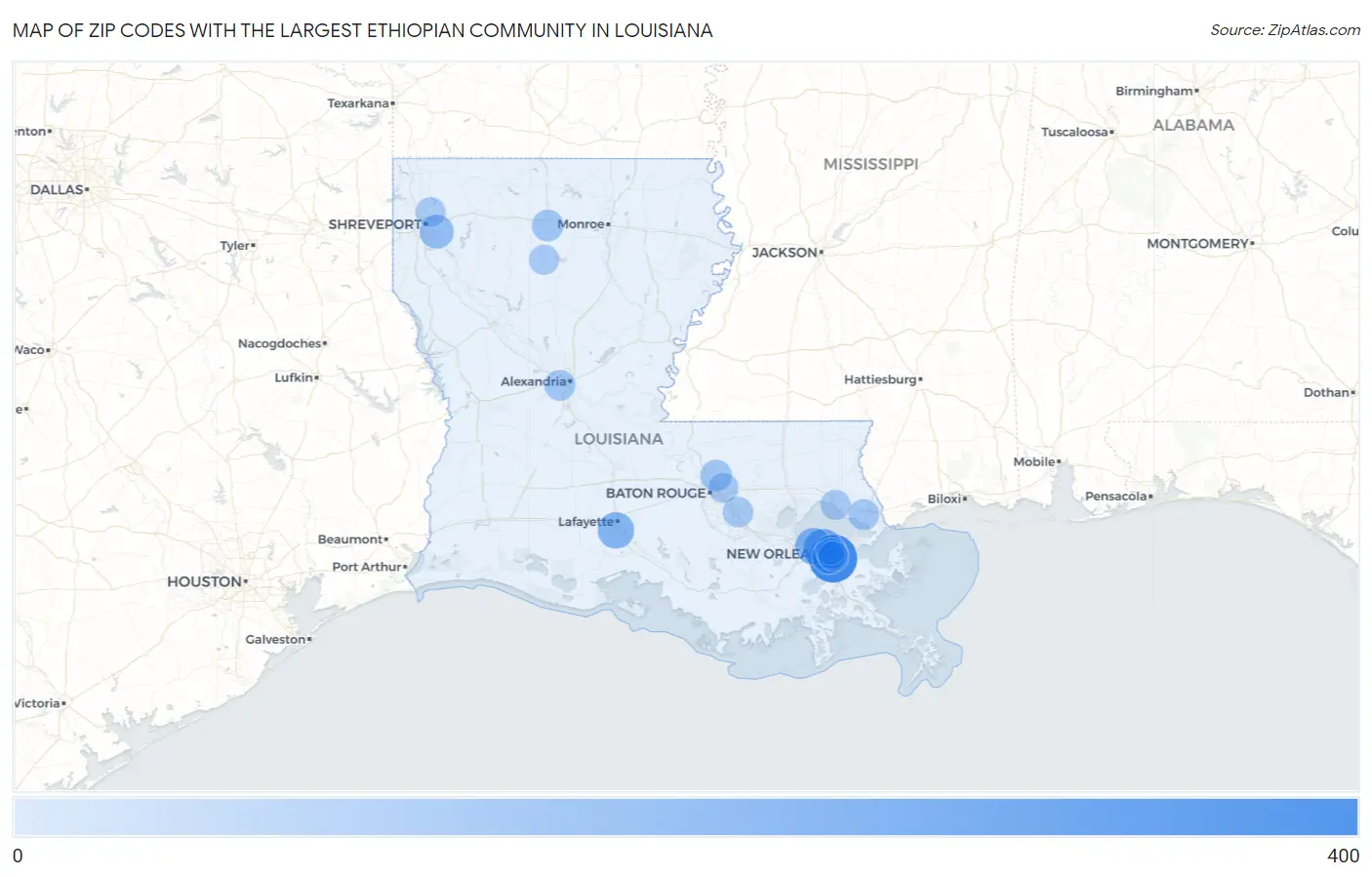 Zip Codes with the Largest Ethiopian Community in Louisiana Map