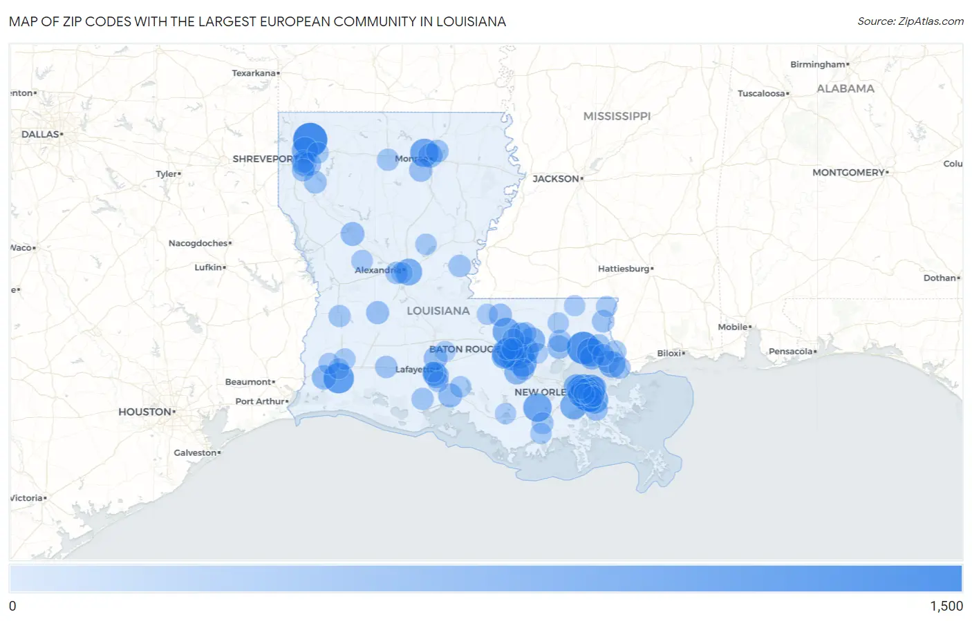 Zip Codes with the Largest European Community in Louisiana Map