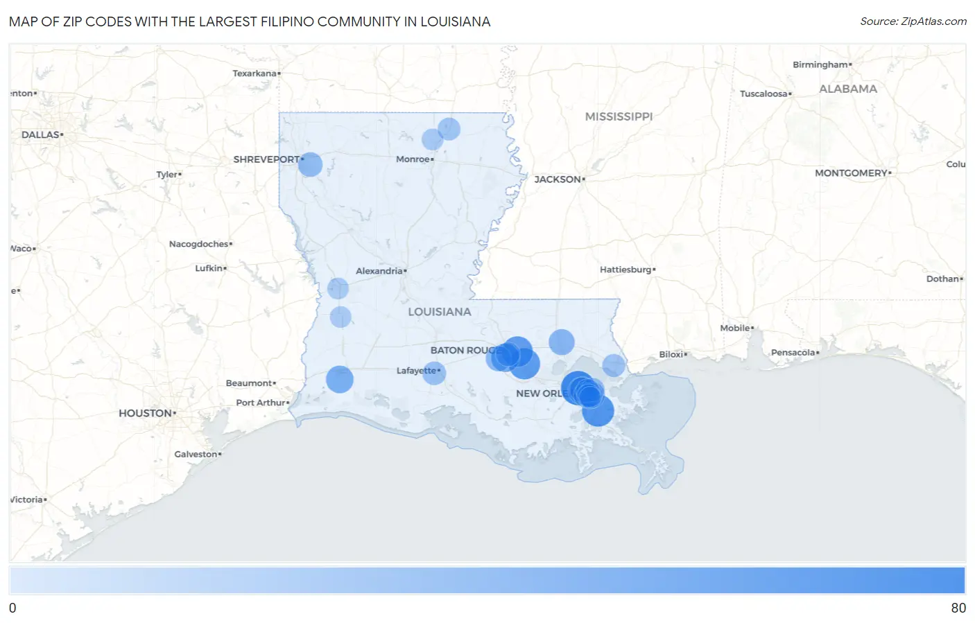 Zip Codes with the Largest Filipino Community in Louisiana Map
