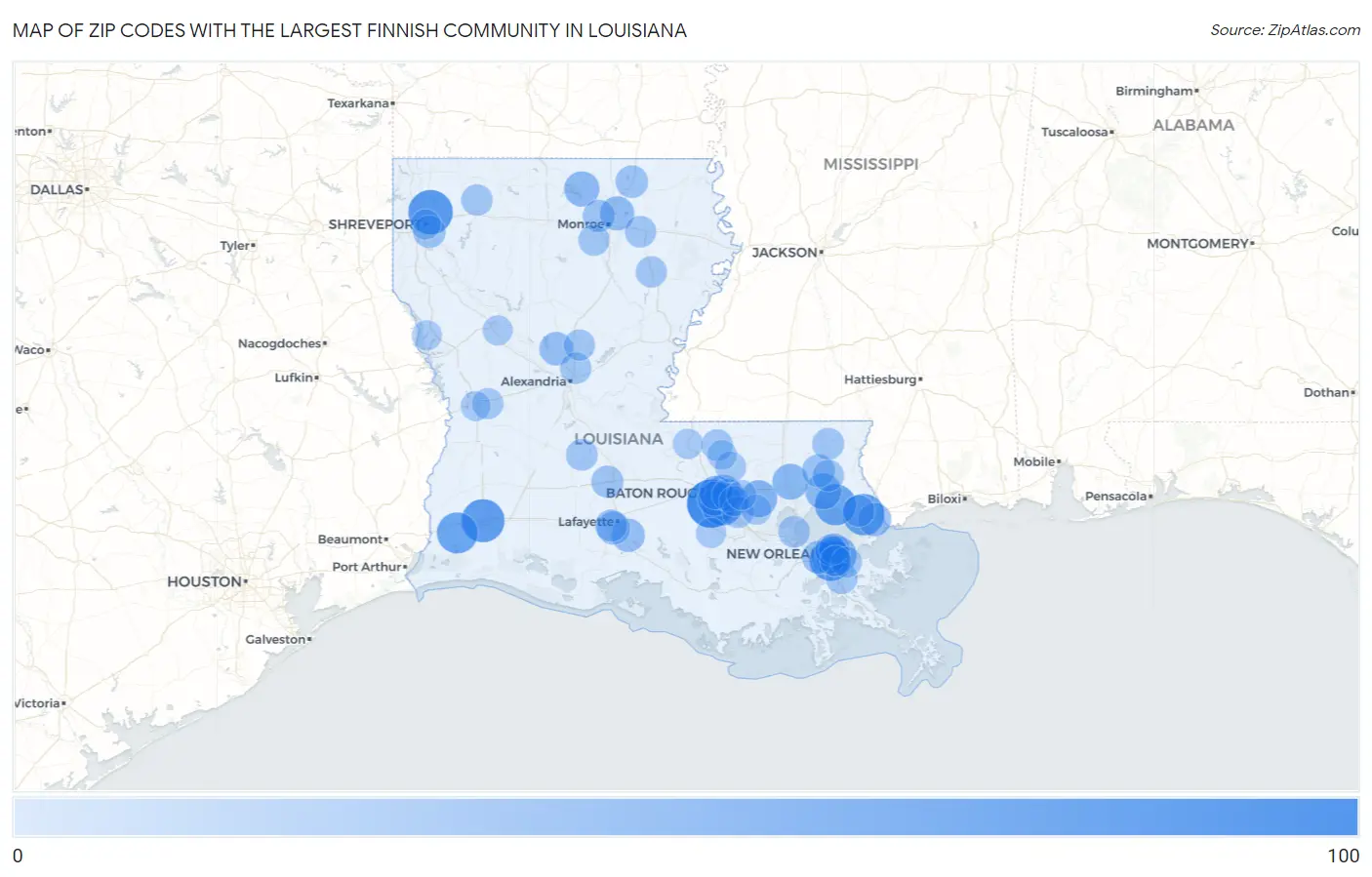 Zip Codes with the Largest Finnish Community in Louisiana Map