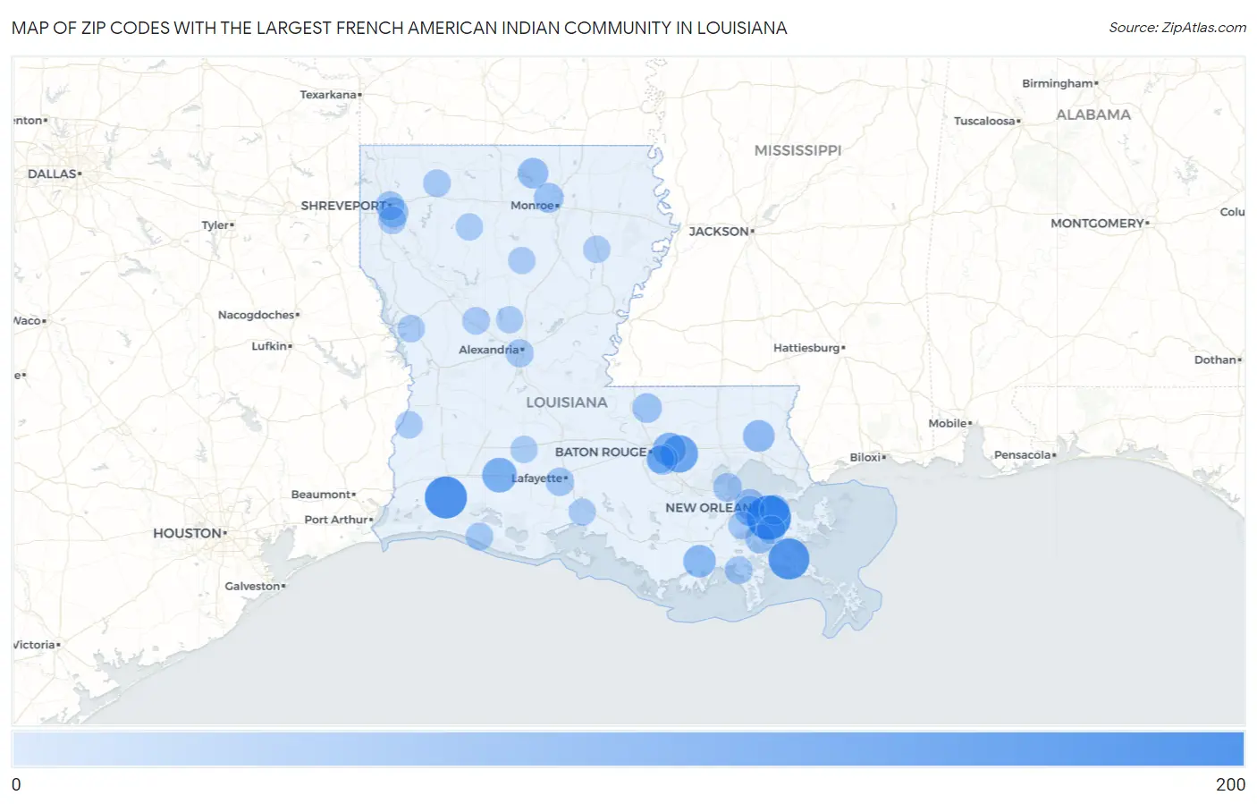 Zip Codes with the Largest French American Indian Community in Louisiana Map