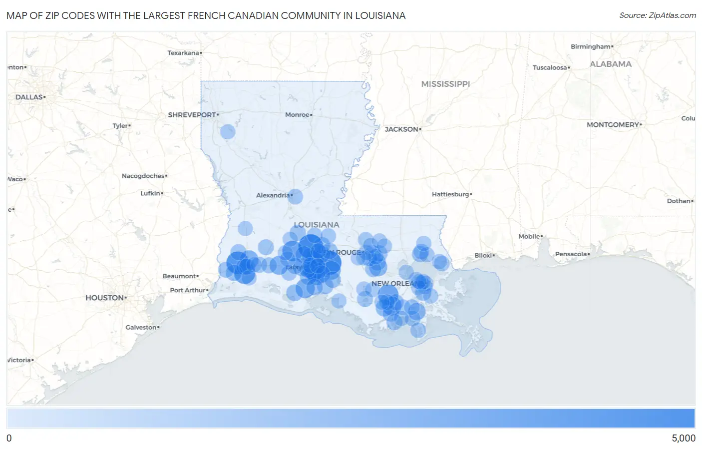 Zip Codes with the Largest French Canadian Community in Louisiana Map