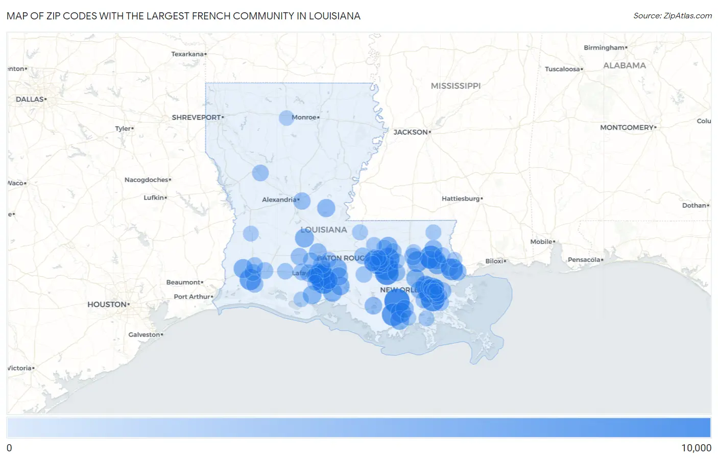 Zip Codes with the Largest French Community in Louisiana Map
