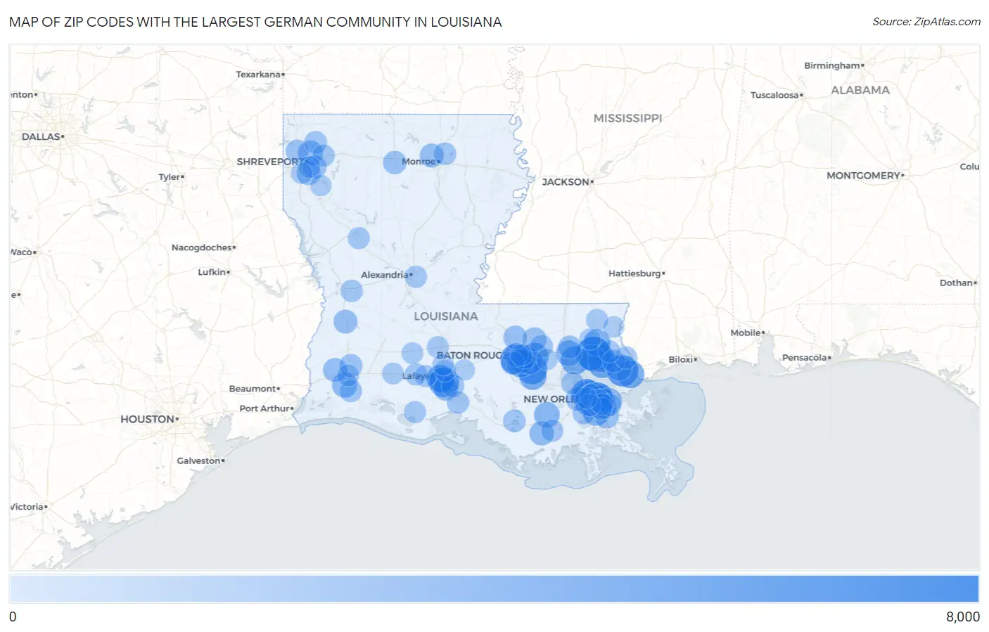 Zip Codes with the Largest German Community in Louisiana Map