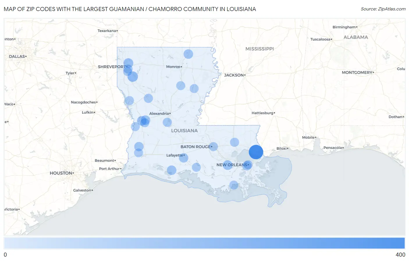 Zip Codes with the Largest Guamanian / Chamorro Community in Louisiana Map
