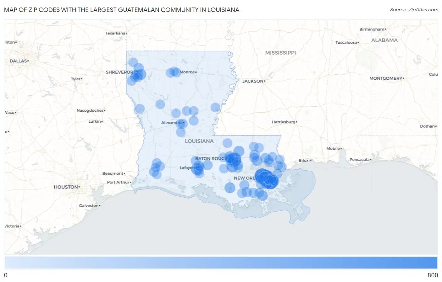 Zip Codes with the Largest Guatemalan Community in Louisiana Map