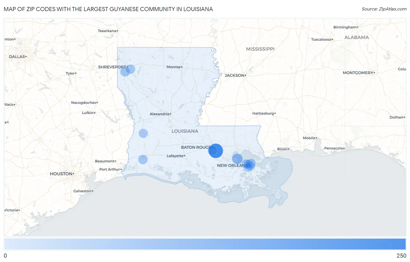 Zip Codes with the Largest Guyanese Community in Louisiana Map