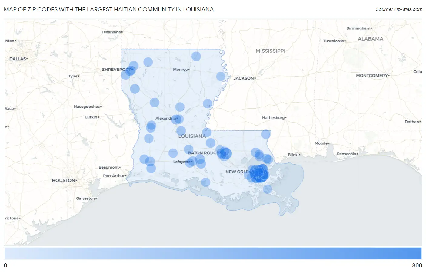 Zip Codes with the Largest Haitian Community in Louisiana Map