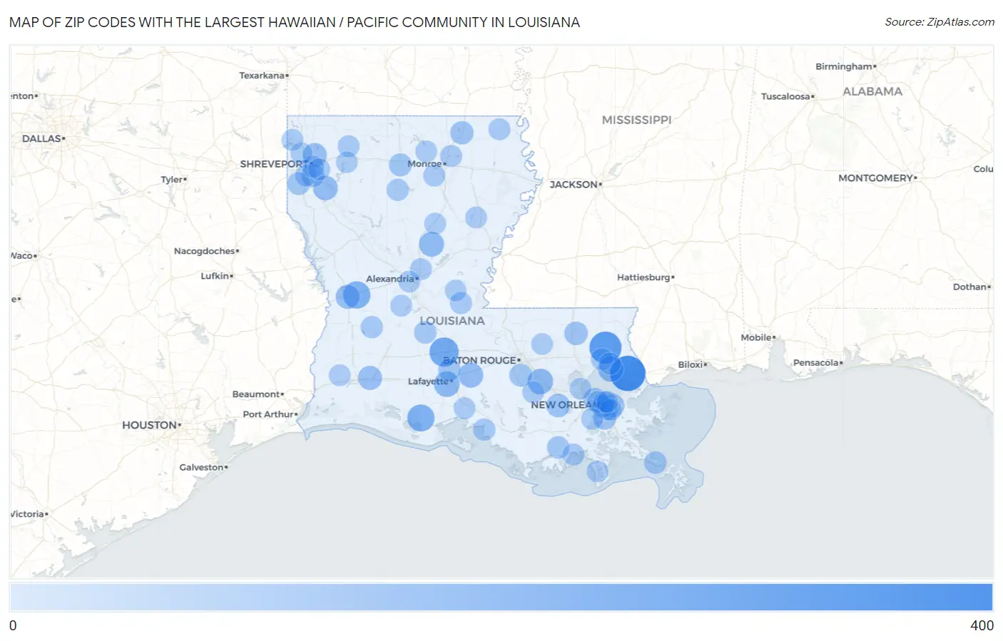 Zip Codes with the Largest Hawaiian / Pacific Community in Louisiana Map