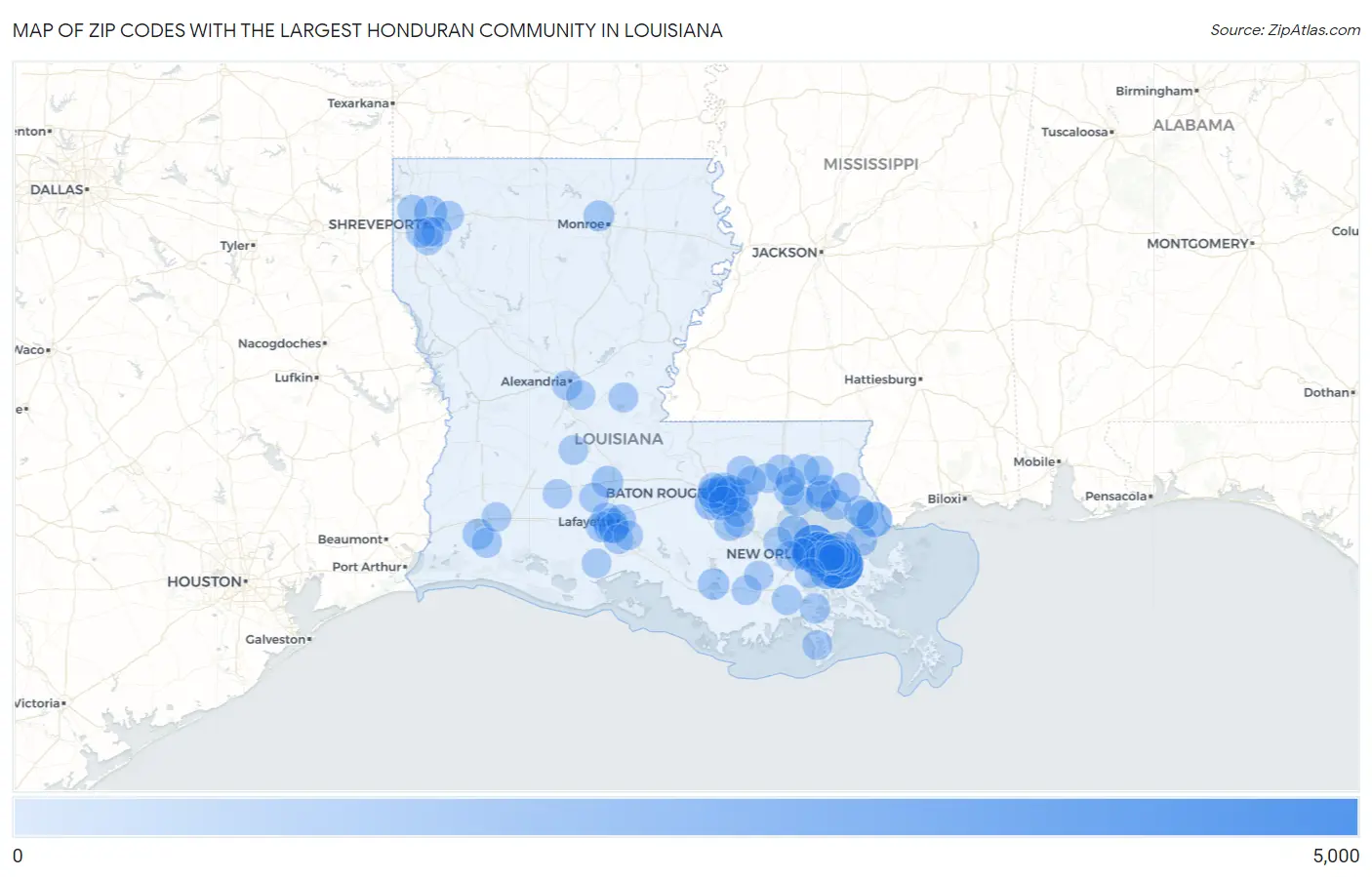 Zip Codes with the Largest Honduran Community in Louisiana Map