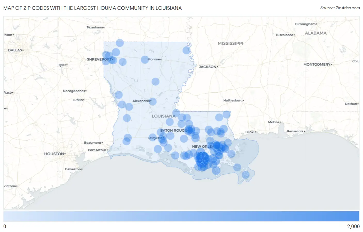 Zip Codes with the Largest Houma Community in Louisiana Map