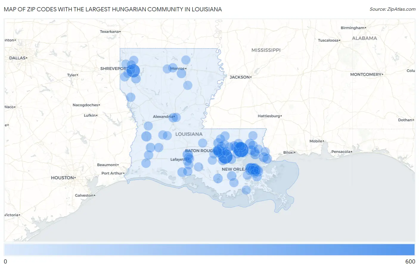 Zip Codes with the Largest Hungarian Community in Louisiana Map
