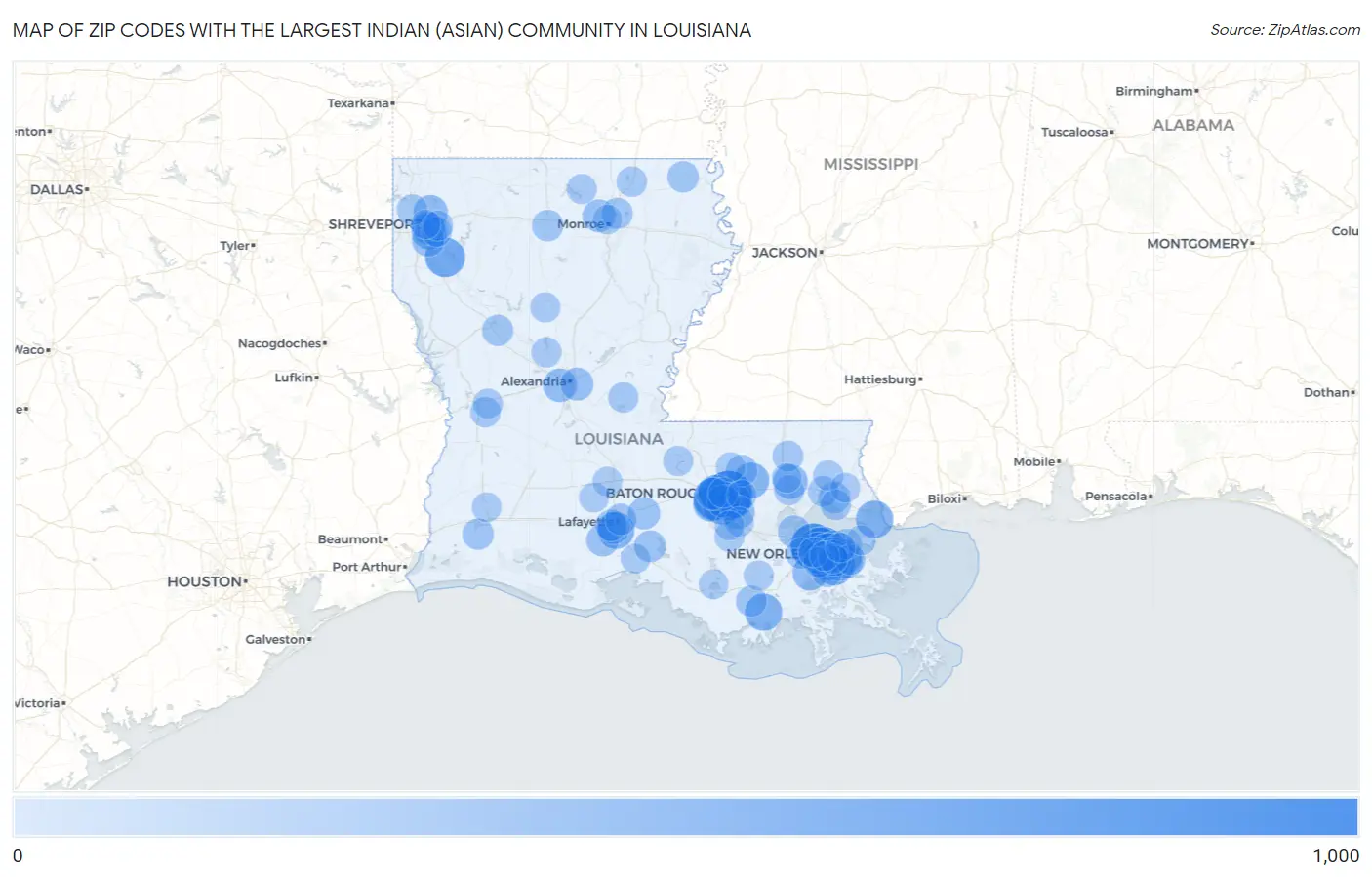 Zip Codes with the Largest Indian (Asian) Community in Louisiana Map