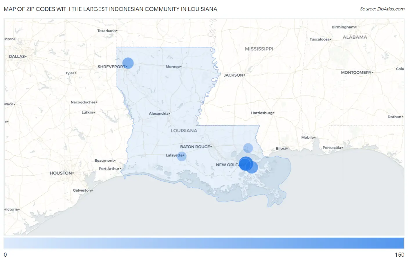 Zip Codes with the Largest Indonesian Community in Louisiana Map