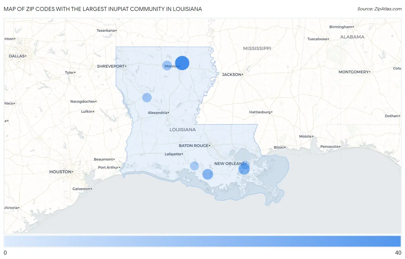 Zip Codes with the Largest Inupiat Community in Louisiana Map