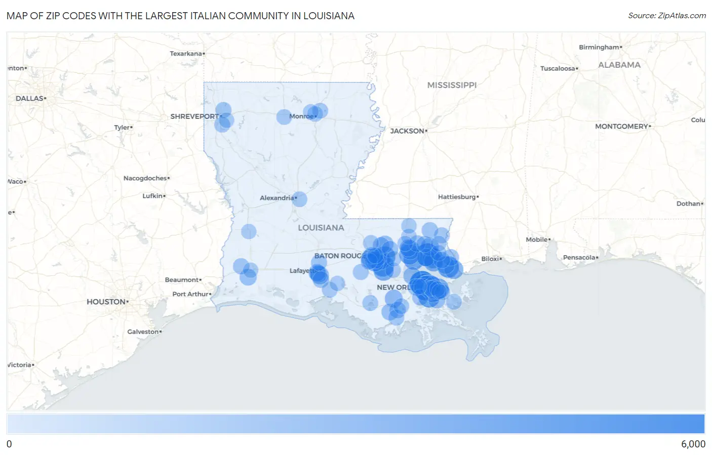 Zip Codes with the Largest Italian Community in Louisiana Map