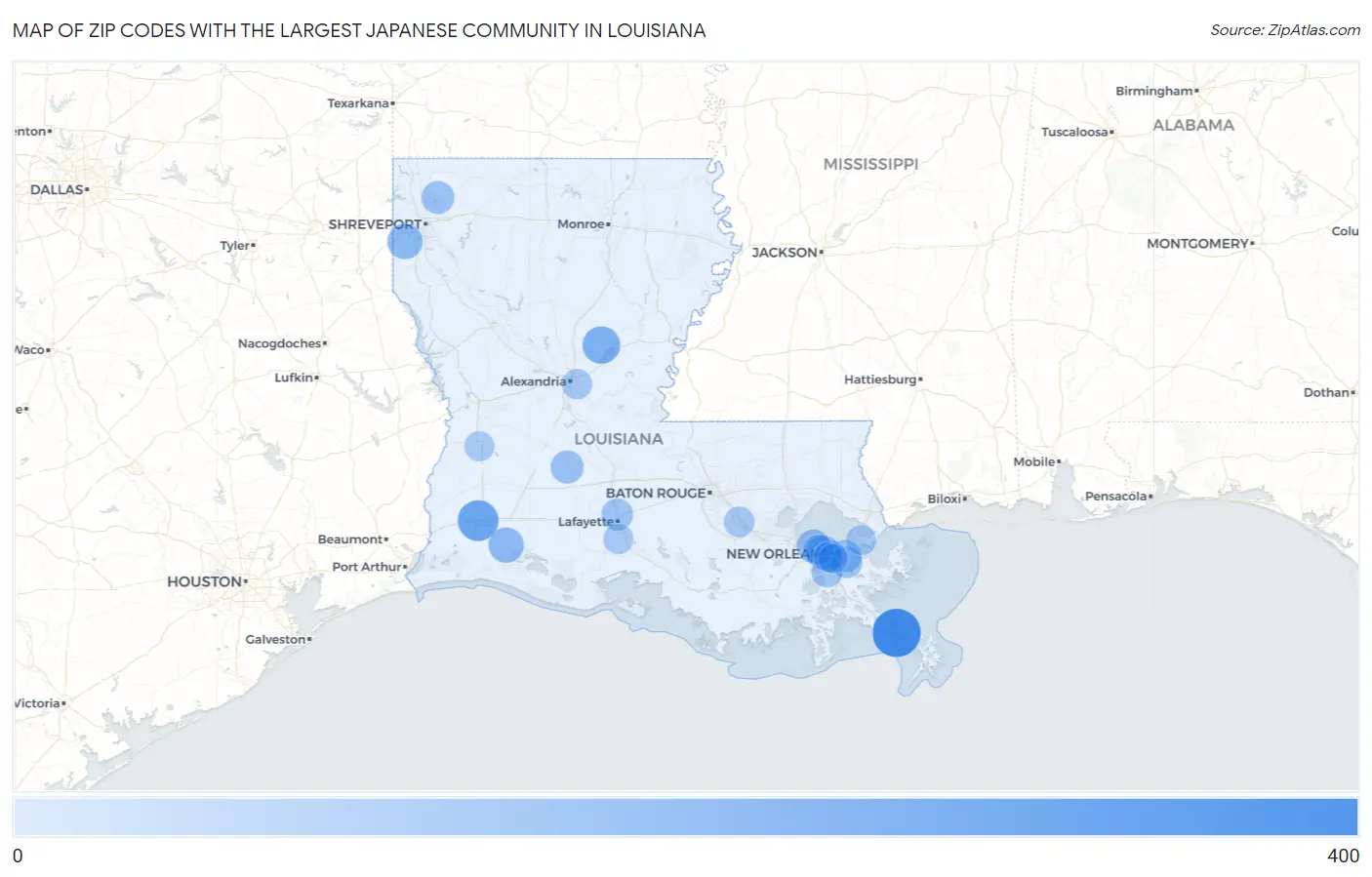 Zip Codes with the Largest Japanese Community in Louisiana Map