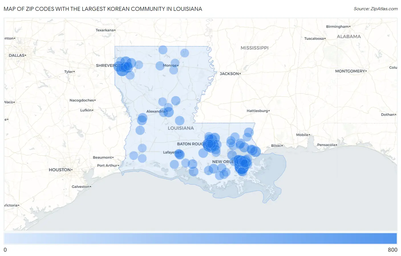 Zip Codes with the Largest Korean Community in Louisiana Map