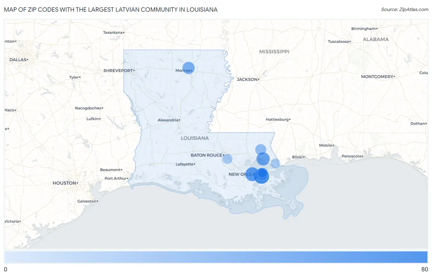 Zip Codes with the Largest Latvian Community in Louisiana Map