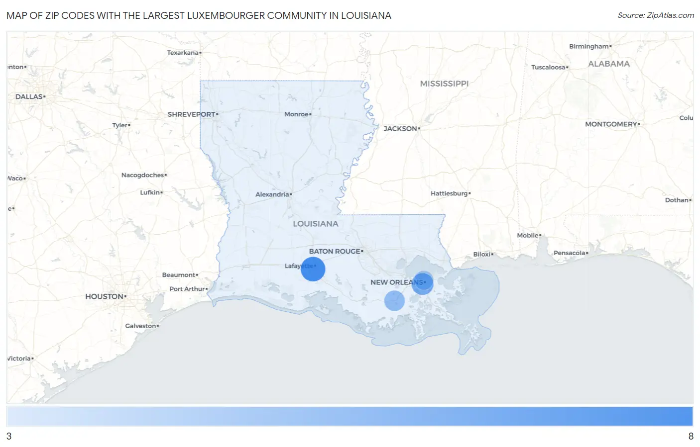 Zip Codes with the Largest Luxembourger Community in Louisiana Map
