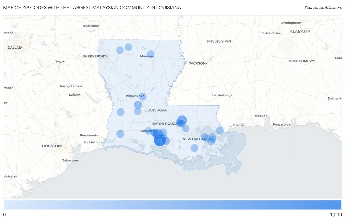 Zip Codes with the Largest Malaysian Community in Louisiana Map