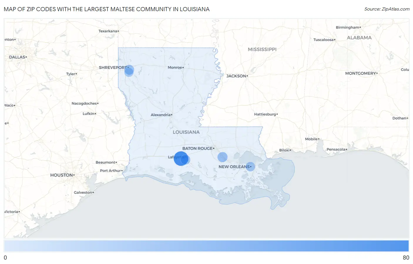 Zip Codes with the Largest Maltese Community in Louisiana Map